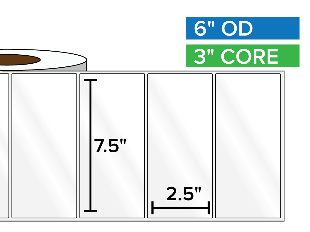 Rectangular Labels, High Gloss BOPP (poly) | 7.5 x 2.5 inches | 3 in. core, 6 in. outside diameter-Afinia Label Store