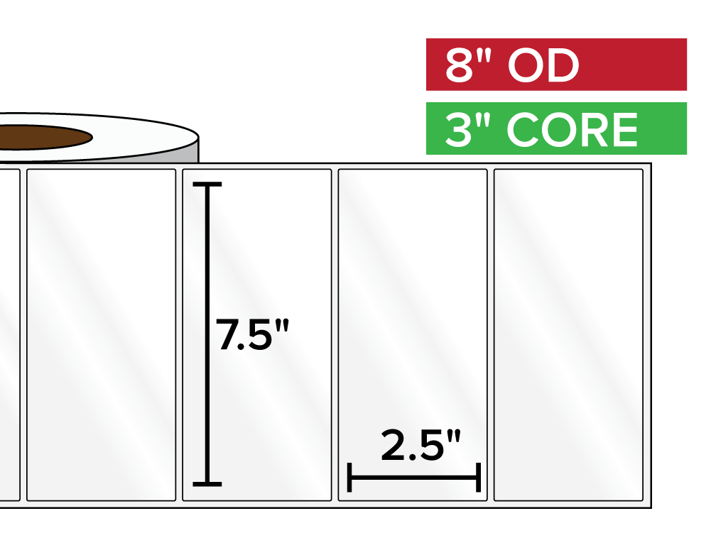 Rectangular Labels, High Gloss BOPP (poly) | 7.5 x 2.5 inches | 3 in. core, 8 in. outside diameter-Afinia Label Store