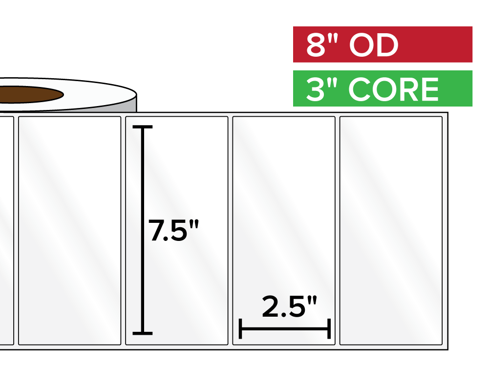 Rectangular Labels, High Gloss BOPP (poly) | 7.5 x 2.5 inches | 3 in. core, 8 in. outside diameter