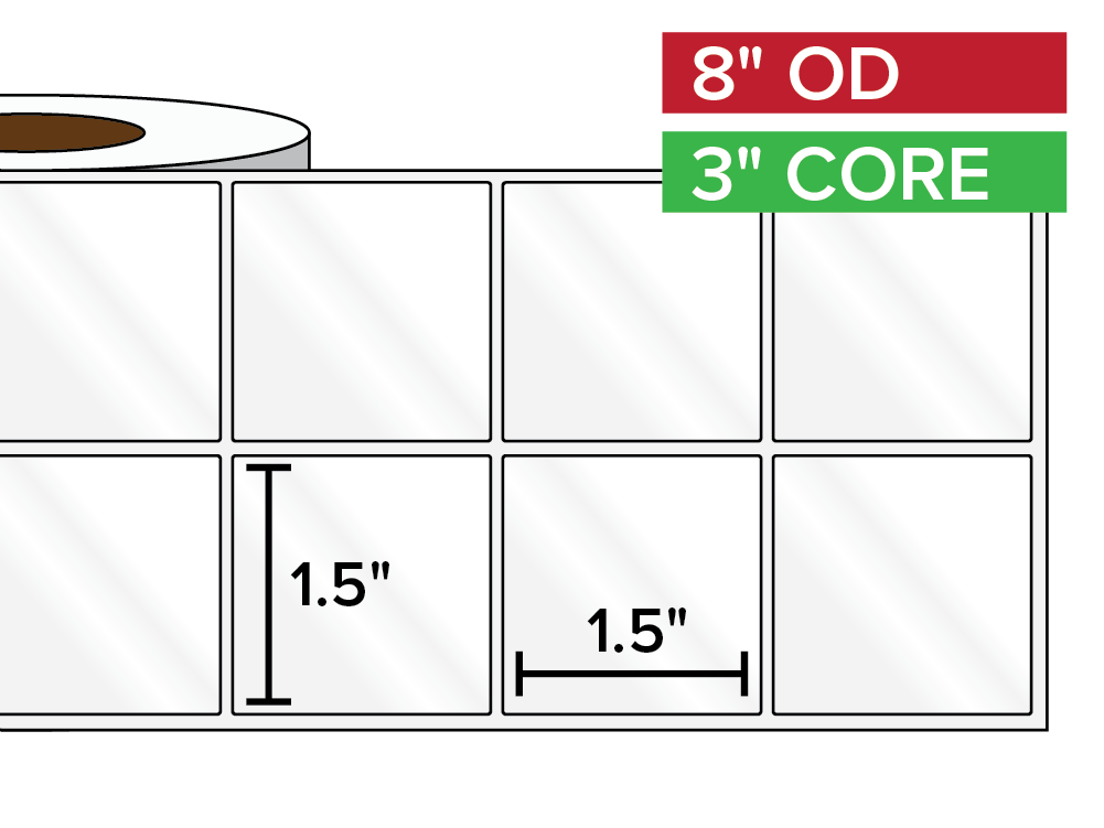 Rectangular Labels, High Gloss White Paper | 1.5 x 1.5 inches, 2-UP | 3 in. core, 8 in. outside diameter