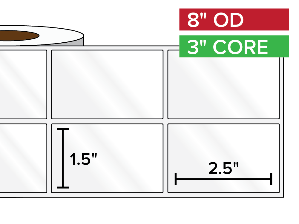 Rectangular Labels, High Gloss White Paper | 1.5 x 2.5 inches, 2-UP | 3 in. core, 8 in. outside diameter