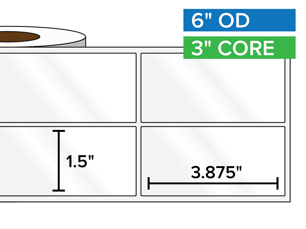 Rectangular Labels, High Gloss White Paper | 1.5 x 3.875 inches, 2-UP | 3 in. core, 6 in. outside diameter
