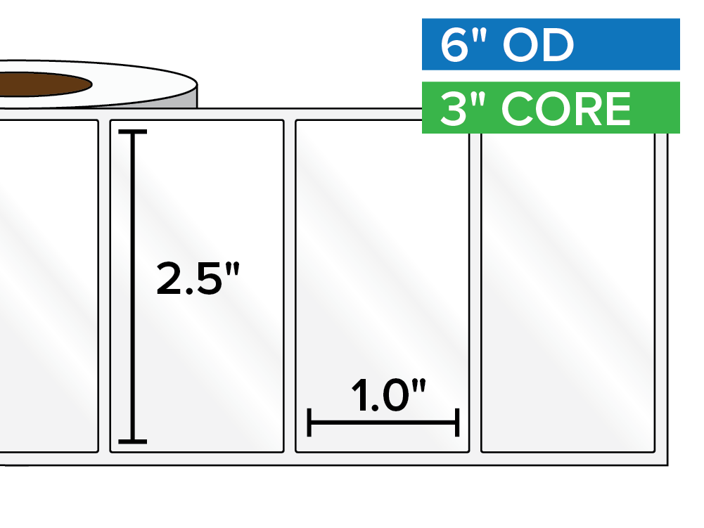 Rectangular Labels, High Gloss White Paper | 2.5 x 1 inches | 3 in. core, 6 in. outside diameter