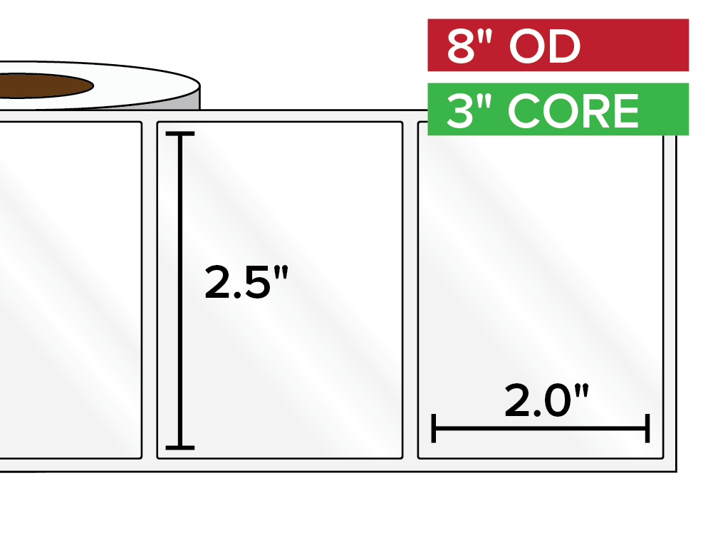 Rectangular Labels, High Gloss White Paper | 2.5 x 2 inches | 3 in. core, 8 in. outside diameter