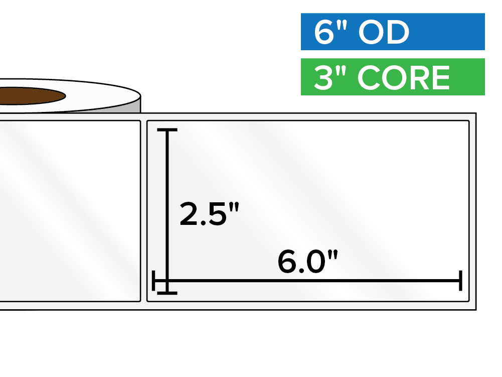 Rectangular Labels, High Gloss White Paper | 2.5 x 6 inches | 3 in. core, 6 in. outside diameter