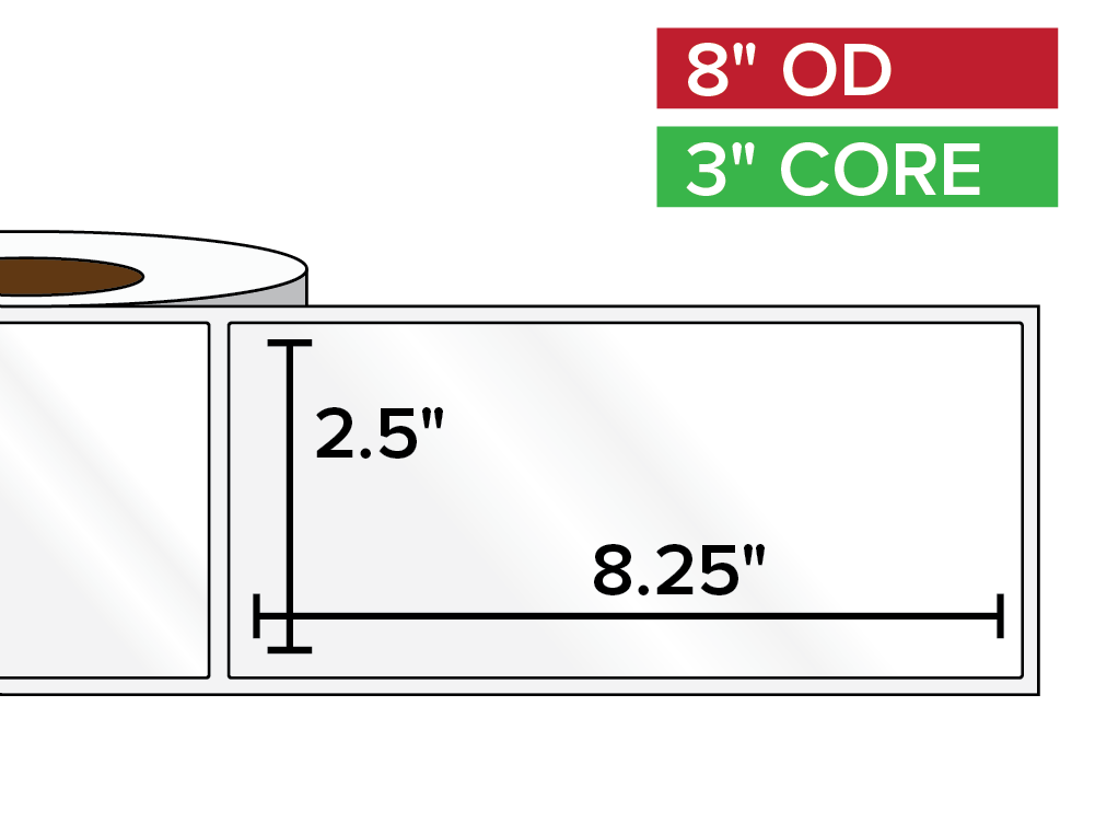Rectangular Labels, High Gloss White Paper | 2.5 x 8.25 inches | 3 in. core, 8 in. outside diameter