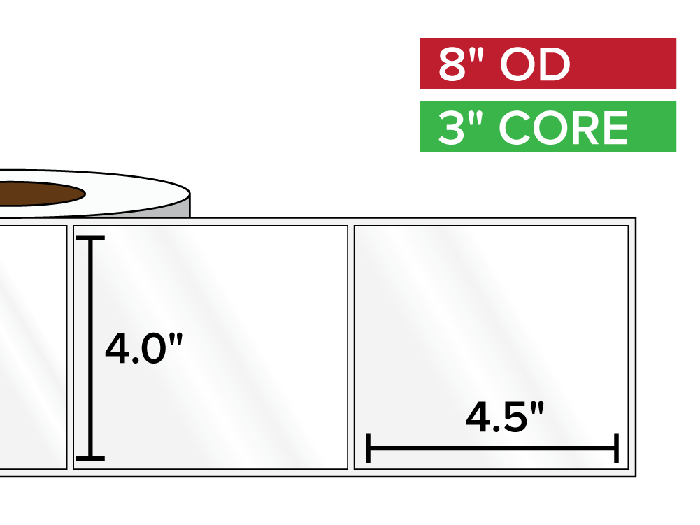 Rectangular Labels, High Gloss White Paper | 4 x 4.5 inches | 3 in. core, 8 in. outside diameter