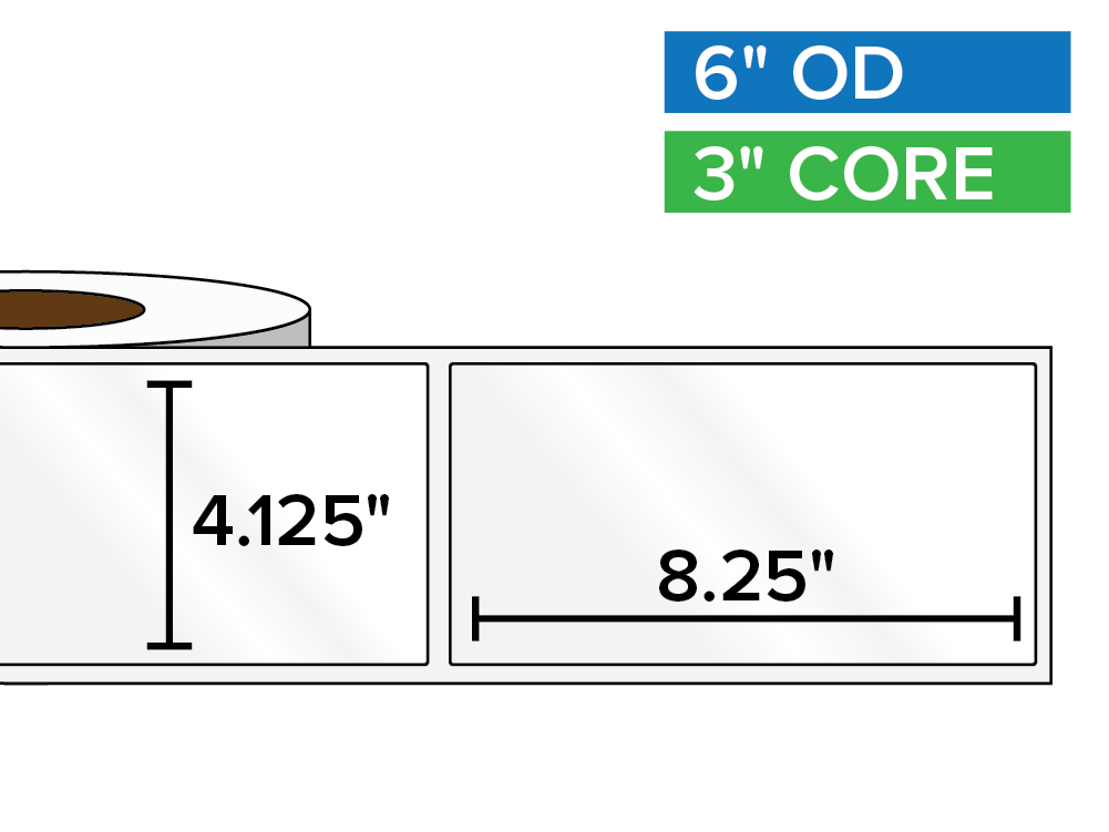 Rectangular Labels, High Gloss White Paper | 4.125 x 8.25 inches | 3 in. core, 6 in. outside diameter