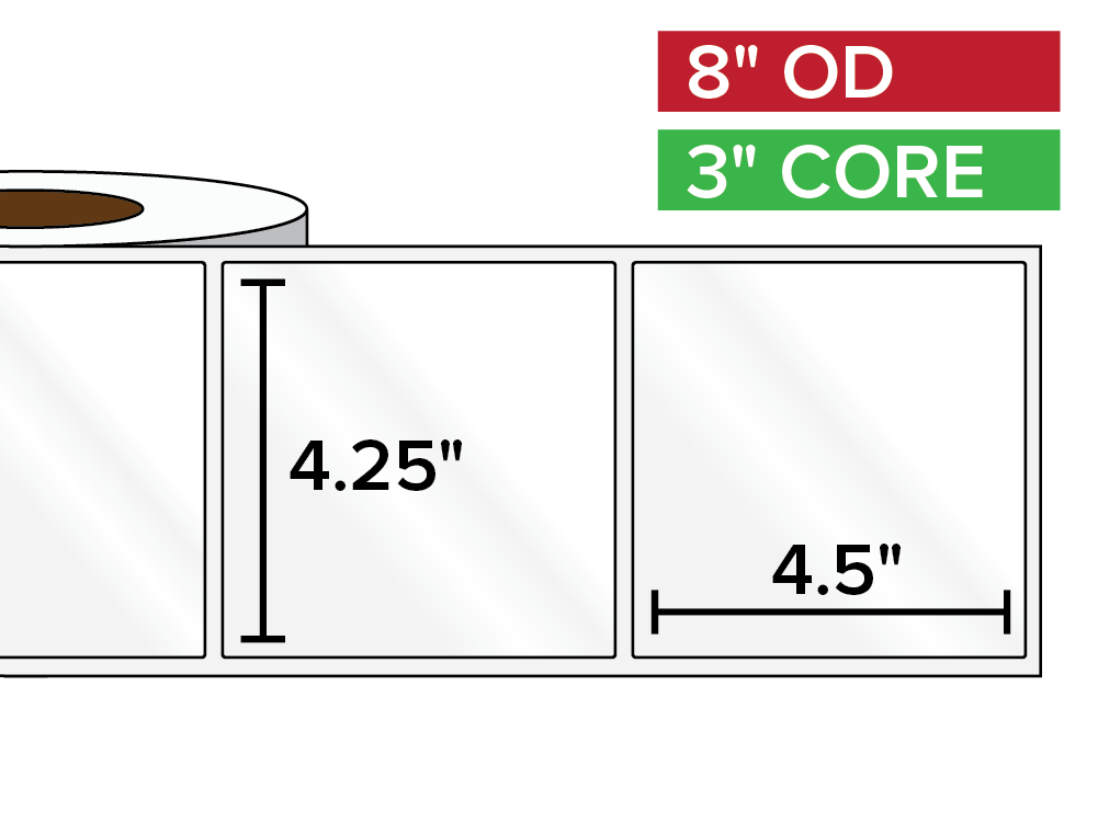 Rectangular Labels, High Gloss White Paper | 4.25 x 4.5 inches | 3 in. core, 8 in. outside diameter