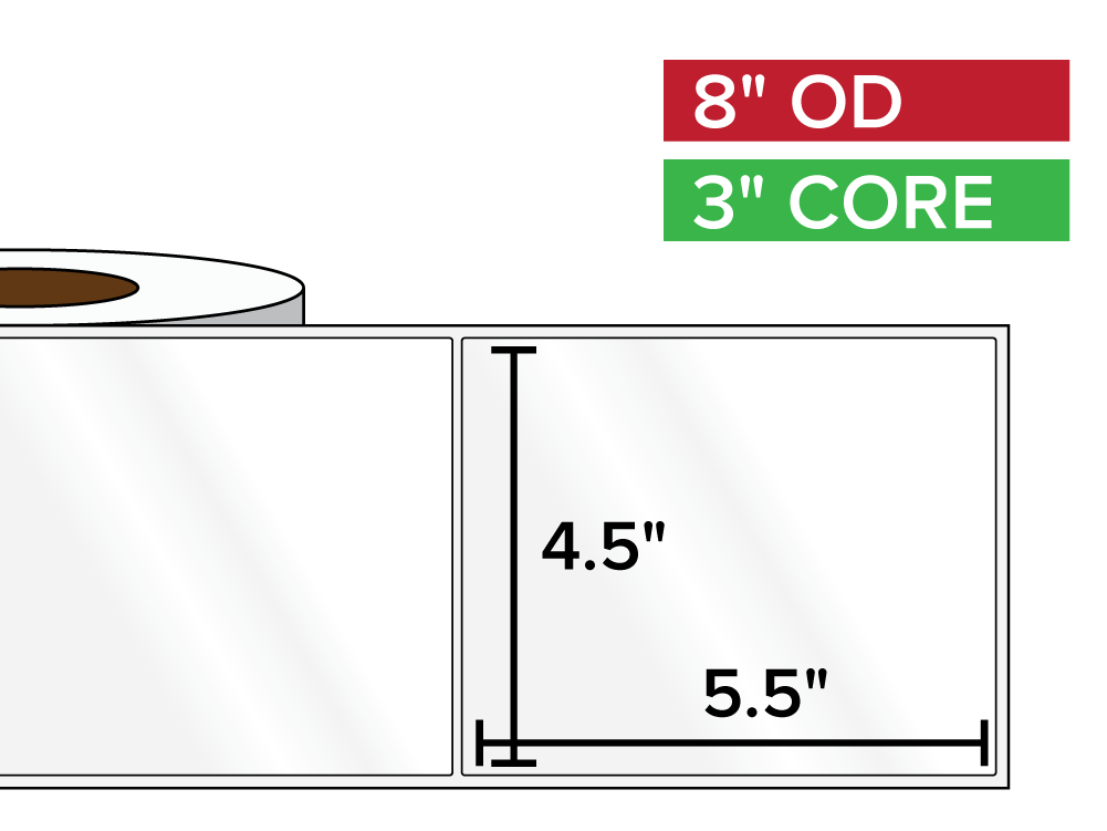 Rectangular Labels, High Gloss White Paper | 4.5 x 5.5 inches | 3 in. core, 8 in. outside diameter