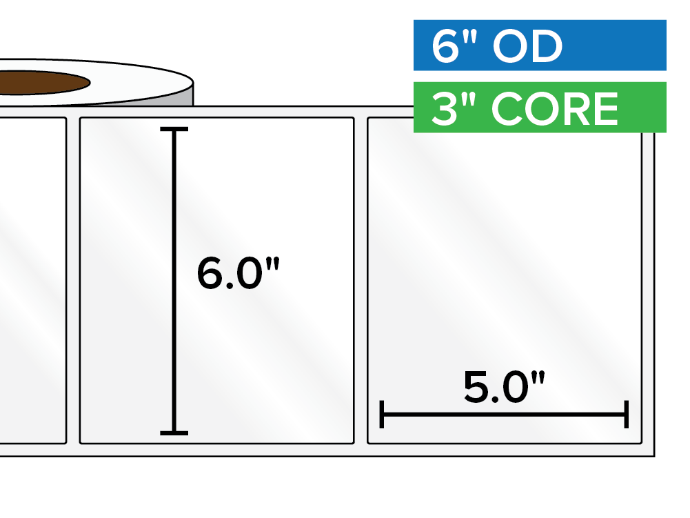 Rectangular Labels, High Gloss White Paper | 6 x 5 inches | 3 in. core, 6 in. outside diameter