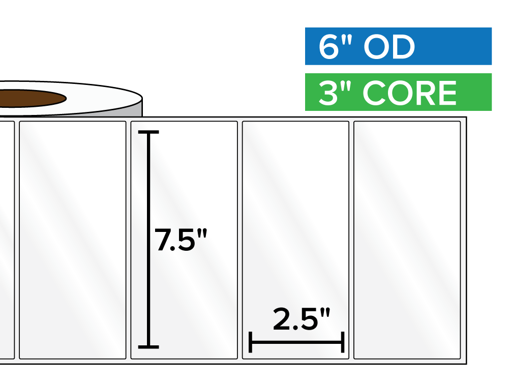 Rectangular Labels, High Gloss White Paper | 7.5 x 2.5 inches | 3 in. core, 6 in. outside diameter