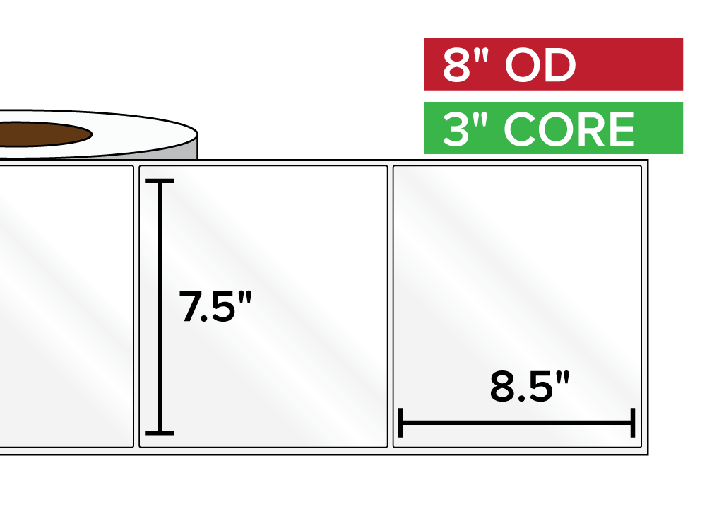 Rectangular Labels, High Gloss White Paper | 7.5 x 8.5 inches | 3 in. core, 8 in. outside diameter