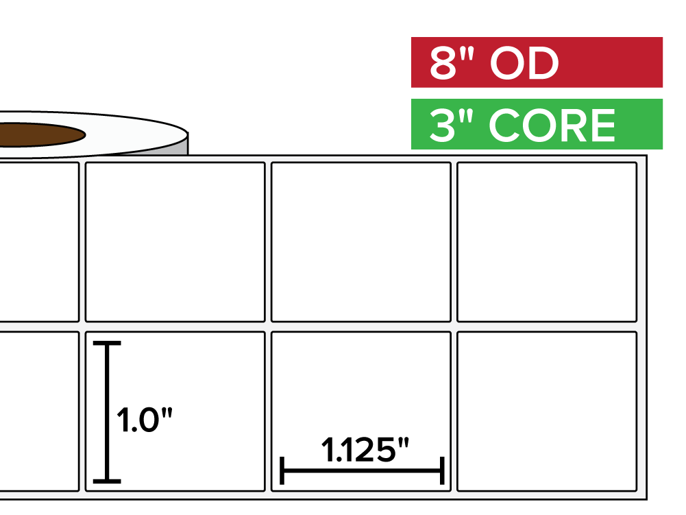 Rectangular Labels, Matte BOPP (poly) | 1 x 1.125 inches, 2-UP | 3 in. core, 8 in. outside diameter