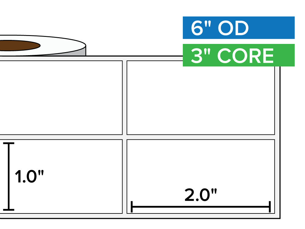 Rectangular Labels, Matte BOPP (poly) | 1 x 2 inches, 2-UP | 3 in. core, 6 in. outside diameter