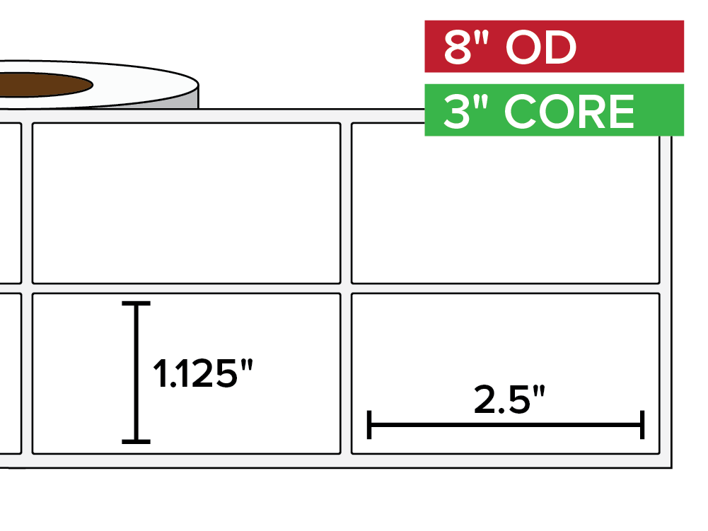 Rectangular Labels, Matte BOPP (poly) | 1.125 x 2.5 inches, 2-UP | 3 in. core, 8 in. outside diameter