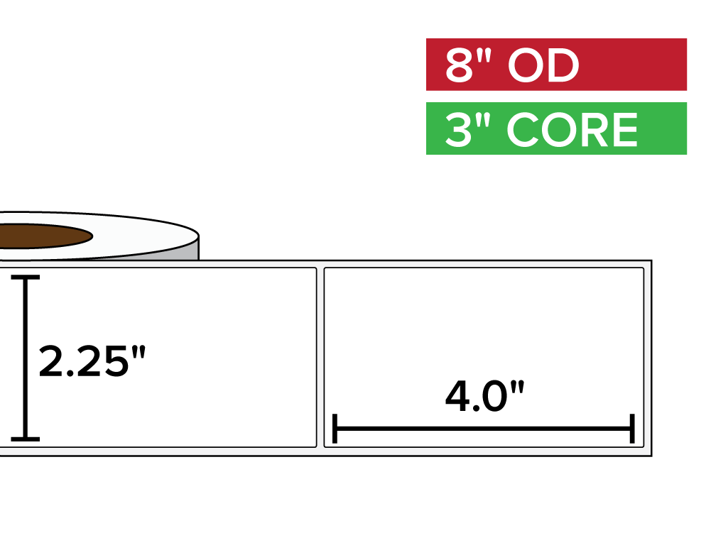 Rectangular Labels, Matte BOPP (poly) | 2.25 x 4 inches | 3 in. core, 8 in. outside diameter