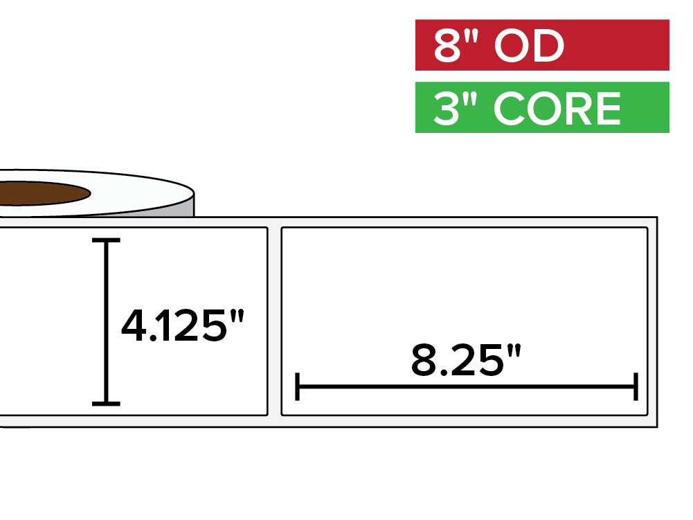Rectangular Labels, Matte BOPP (poly) | 4.125 x 8.25 inches | 3 in. core, 8 in. outside diameter