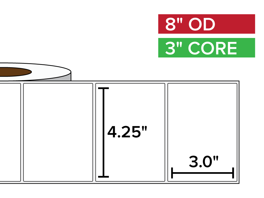 Rectangular Labels, Matte BOPP (poly) | 4.25 x 3 inches | 3 in. core, 8 in. outside diameter