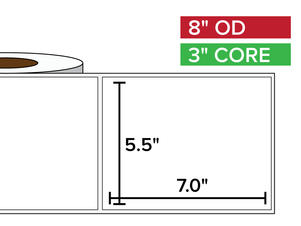 Rectangular Labels, Matte BOPP (poly) | 5.5 x 7 inches | 3 in. core, 8 in. outside diameter