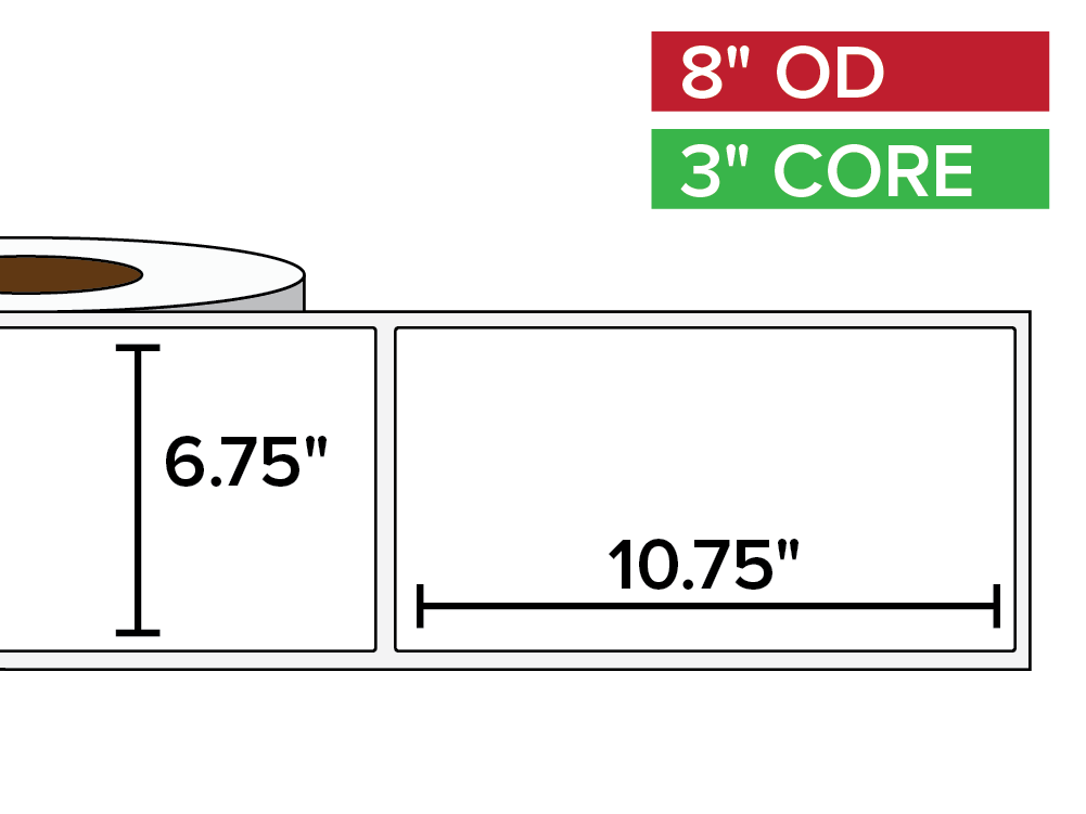 Rectangular Labels, Matte BOPP (poly) | 6.75 x 10.75 inches | 3 in. core, 8 in. outside diameter